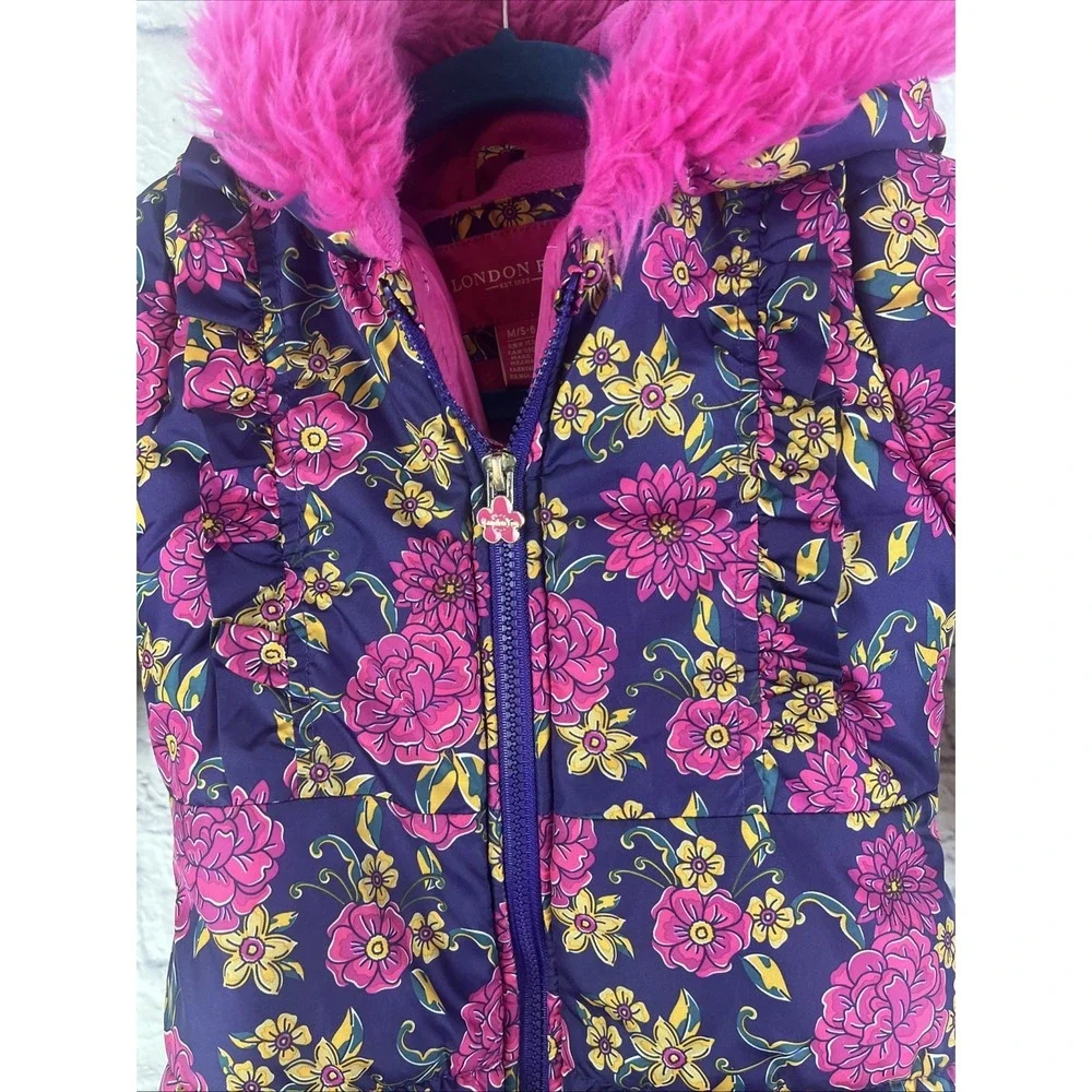 London Fog Girls Kids Floral Faux Fur Hooded Puffer Winter Coat Jacket Size 5-6